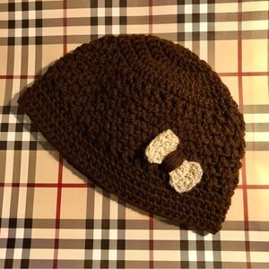 Brown Crochet Adult Size Beanie with Cream Bow